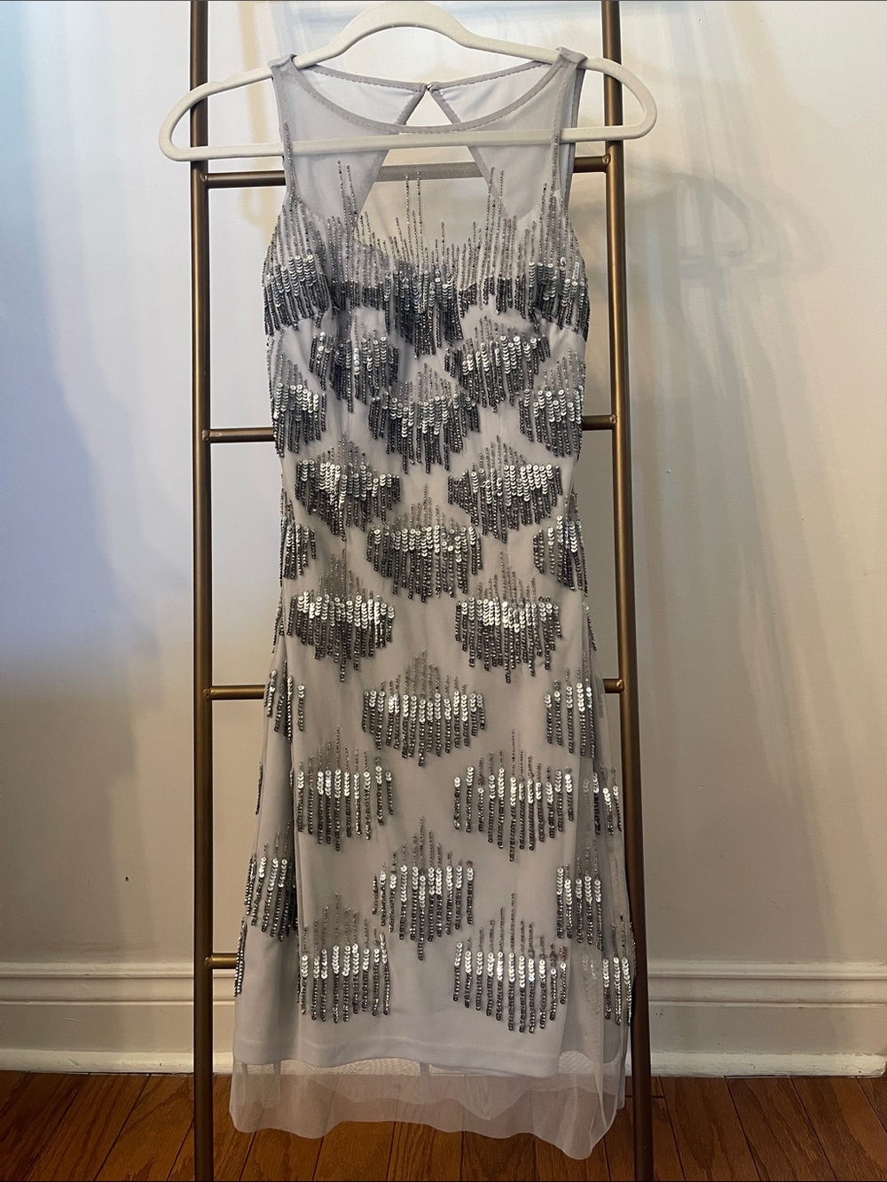 Gianni Bini White Mesh Midi Dress with Silver Sequin Hearts